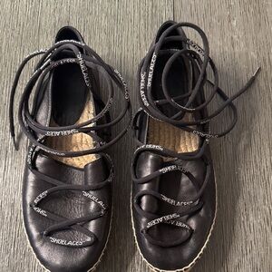 Off-White Black Leather Lace Espadrille Flats